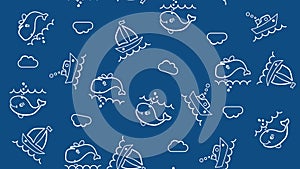 Childish seamless pattern with sea, sailboat, ship, whale, cachalot, uninhabited island