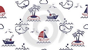 Childish seamless pattern, sea, sailboat, ship, whale, cachalot, uninhabited island. Illustration, great for wallpper, textile and