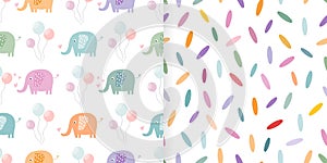Childish seamless patterns set with cute colorful elephants