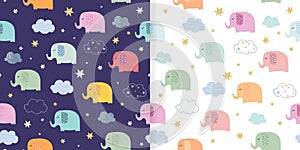 Childish seamless patterns set with cute colorful elephants, kids wallpaper