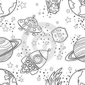 Childish seamless space pattern with planets, UFO