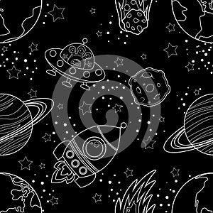 Childish seamless space pattern with planets, UFO, rockets and stars. White silhouette on black background