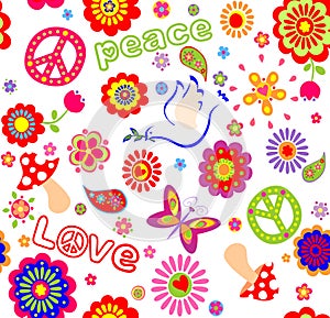 Childish seamless wallpaper with colorful abstract flowers, hippie symbolic, mushrooms and dove