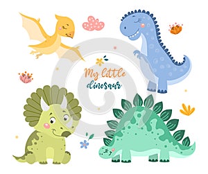 Childish set with cute baby dino collection on white background