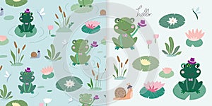 Childish set with cute seamless pattern and elements, frogs on lake photo