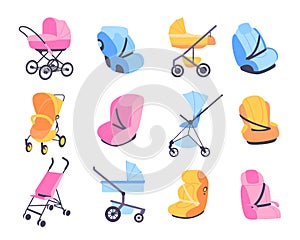 Childish strollers. Different baby buggies and car seats, blue pink and yellow perambulator or booster chair, kids