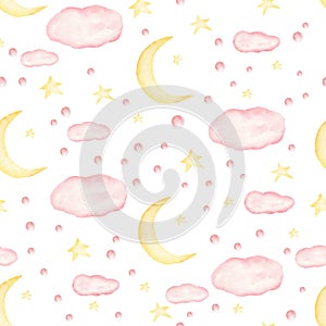 Childish style digital paper watercolor half moon, star, cloud seamless pattern for baby girl wear and wallpaper.