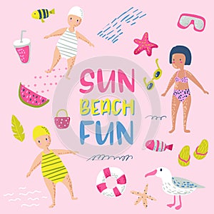 Childish Summer Beach Vacation Card with Kids, Fish and Birds. Cute Background with Sea Creatures for Decor, Greetings