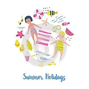 Childish Summer Beach Vacation Card with Kids, Fish and Birds. Cute Background with Sea Creatures for Decor, Greetings