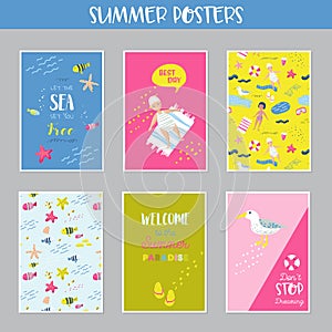 Childish Summer Beach Vacation Cards with Kids, Fish and Birds. Cute Backgrounds with Sea Creatures for Decor, Greetings