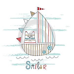Childish vector illustration with sailboat and cat