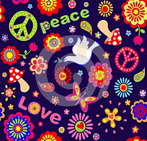 Childish wallpaper with colorful abstract flowers, hippie symbolic, mushrooms and dove