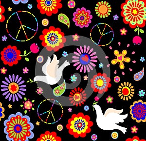Childish wallpaper with hippie symbolic and doves