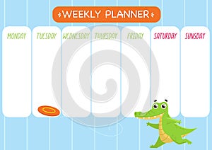 Childishly cute week planner. Horizontal. With cute crocodile and frisbee. photo
