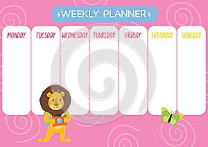 Childishly cute week planner. Horizontal. With a cute lion with a camera and a butterfly. photo