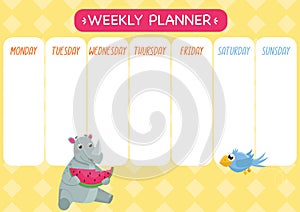 Childishly cute week planner. Horizontal. With cute rhino, watermelon and bird. photo