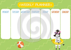 Childishly cute week planner. Horizontal. With cute zebra, inflatable swim ring and ball.