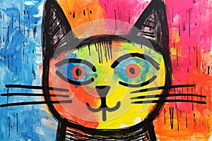 childlike colorful drawing of cat AI generated