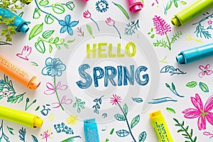 Childlike drawing of flowers and text Hello Spring with markers