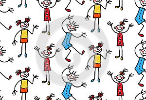 Childlike drawn characters girls kids seamless vector pattern