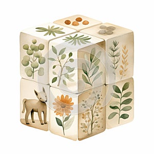 Childlike Illustrations Of Wooden Dice With Wild And Green Plants