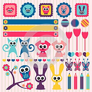 Childlike scrapbook elements with animals