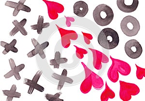 Childlike Watercolor Painting of Noughts Crosses And Hearts