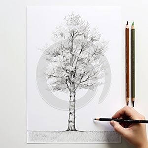 Childproof Hand Drawing A Poplar Tree With A Black Pencil