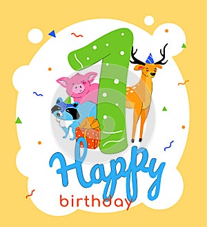 Children 1st birthday greeting card vector template
