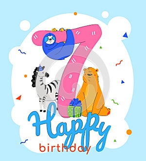 Children 7th birthday greeting card vector template