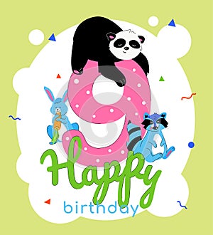 Children 9th birthday greeting card vector template