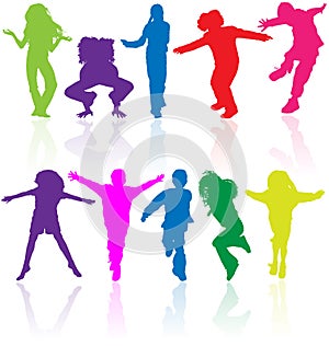 Group of happy school active children silhouette jumping dancing playing running healthy kids child kid kinder action youth play photo