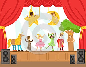 Children Actors Performing Fairy-Tale On Stage On Talent Show Colorful Vector Illustration With Talented Schoolkids