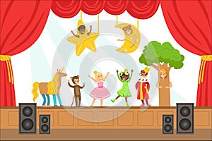 Children Actors Performing Fairy-Tale On Stage On Talent Show Colorful Vector Illustration With Talented Schoolkids