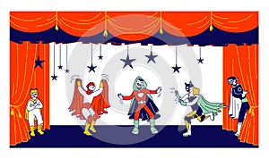 Children Actors in Super Hero Costumes Performing Fairy-Tale on Stage during Talent Show. Talented Schoolkids