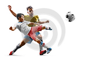 Children with adult soccer players in action isolated white background