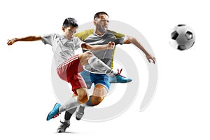 Children with adult soccer players in action isolated white background