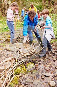 Children And Adults Carrying Out Conservation Work On Stream