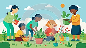 Children and adults planting flowers and vegetables in a community garden showcasing the importance of