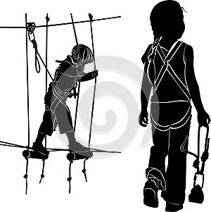 Children in adventure park rope ladder. children have a rest in the ropes course. vector black silhouette on white backgr