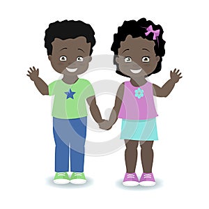 Children African, American. Boy and girl holding hands and smiling. Vector illustration