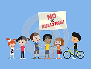 Children against bullying. Group of diverse kids holding banner on a blue background. Cute cartoon illustration