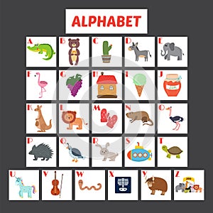 Children alphabet with cute cartoon animals and other funny elem