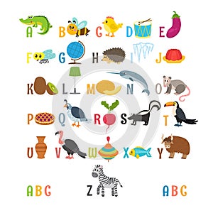 Children alphabet with cute cartoon animals and other funny elem