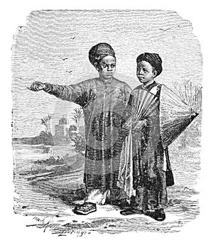 Children from Annam, Modern-day Vietnam. History and Culture of Asia. Antique Vintage Illustration. 19th Century
