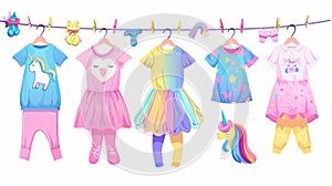 Children apparel hanging on a clothesline. Modern illustration of t-shirts, sweatshirts, shorts, dresses, pajamas with