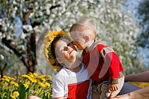 Children in apple orchard in bloom and dandelion field