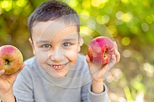 Children with Apple in Orchard. Harvest Concept