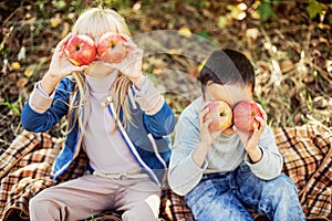 Children with Apple in Orchard. Harvest Concept