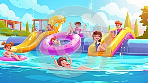 Children in aquapark, amusement park with water attractions, boys riding slides, girl swimming in pool on inflatable